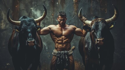 Fototapeta premium Muscular man with a well-defined physique, sporting a beard and a headband, standing between two large, horned bulls