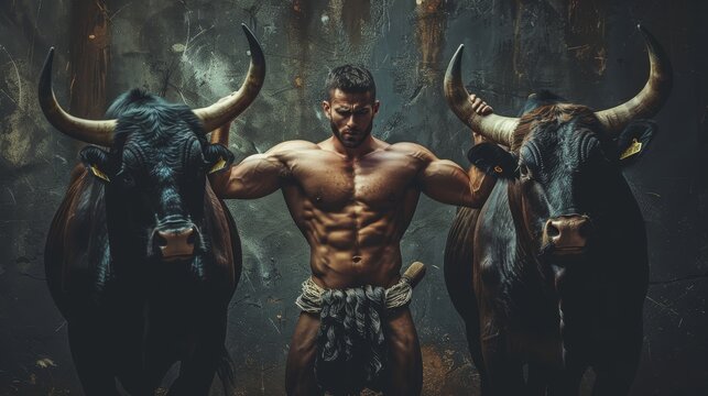Muscular man with a well-defined physique, sporting a beard and a headband, standing between two large, horned bulls