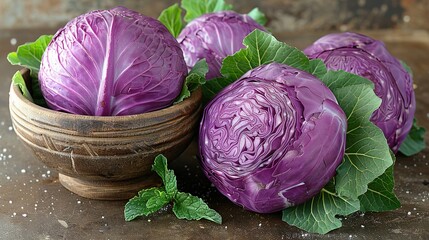   A bowl of purple cabbage sits atop a wooden table, accompanied by a lush green plant