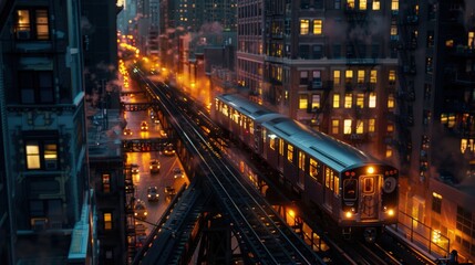  Elevated train line lit at night, trains passing â€“ Elevated glow.