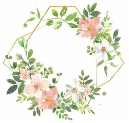 Watercolor pink flowers with green leaves and a gold geometric frame 