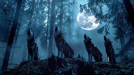  Gray wolves howling, dense forest, night, moonlight silhouette.