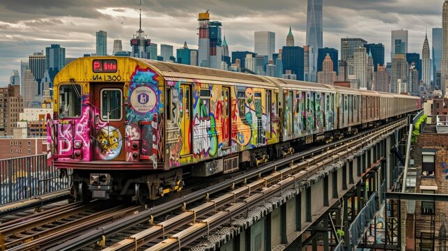  Graffiti-covered train passing through the city, moving art &acirc;&euro;&ldquo; Transit gallery.