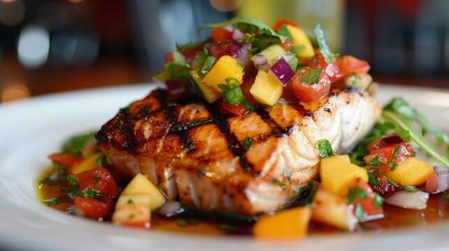  Grilled mahi mahi, tropical fruit salsa, colorful presentation.