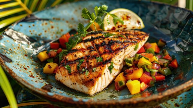  Grilled mahi mahi, tropical fruit salsa, colorful presentation.