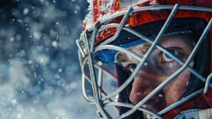  Hockey goalie mask, close-up, intense game face, ice rink background .
