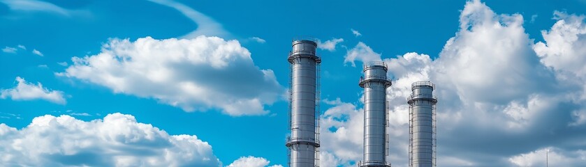 Large industrial pipes against a blue sky with clouds