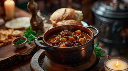 Fototapeta premium Hungarian goulash in a Budapest tavern, warm, inviting atmosphere, historic decor.
