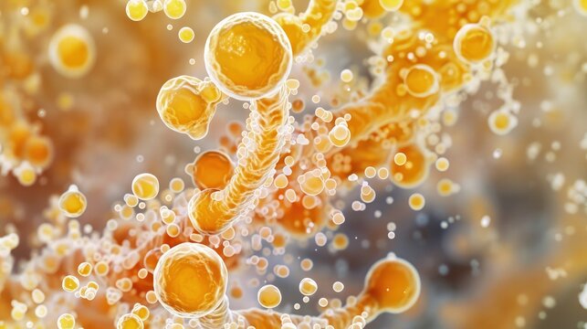  High magnification image of yeast cells fermenting, important for both brewing and biofuel industries.