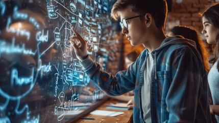  Interactive AI whiteboard explaining physics, high school classroom, attentive teens.