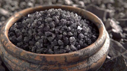  Kala namak (black salt), Indian volcanic rock salt, in a clay bowl.