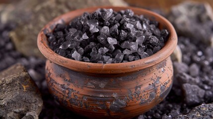  Kala namak (black salt), Indian volcanic rock salt, in a clay bowl.