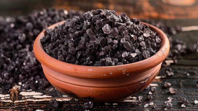  Kala namak (black salt), Indian volcanic rock salt, in a clay bowl.