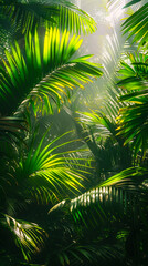 Fototapeta premium A tropical forest with green leaves and sunlight.
