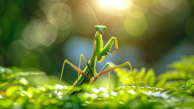  Mantis religiosa in a praying stance, iconic pose, greenery.