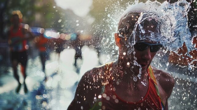  Marathon runner cooling down with water over head, relief after race, refreshment .