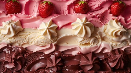  Neapolitan ice cream, layers of chocolate, vanilla, and strawberry.