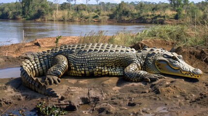 Obraz premium Nile crocodile on riverbank, colossal, sunning.