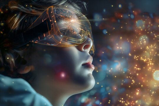 The photo shows a young boy looking through a virtual reality headset. He is surrounded by a sea of stars, and his eyes are wide with wonder.