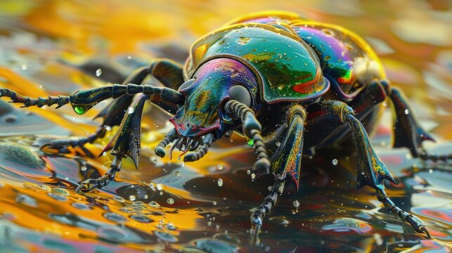  Oil beetle secreting oil, chemical defense, vivid warning.