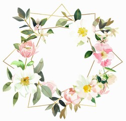 Watercolor pink flowers with green leaves and a gold geometric frame 