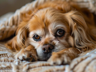 A dog laying on a bed with its head down.