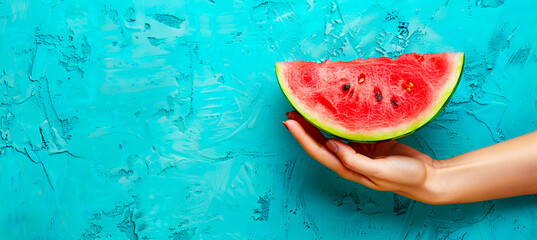 A woman holding a slice of watermelon on a blue background.