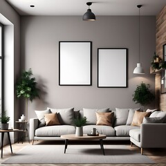  Frame mockup, Living room wall poster mockup. Interior mockup with house background. Modern interior design. 3D render 