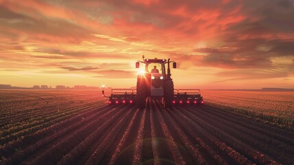 Obraz premium Self-driving farm tractor in a vast field, high-tech agriculture, sunset.