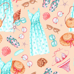 Summer dress watercolor seamless pattern. Women's summer wardrobe. Beachwear. Dress, swimsuit, straw hat, flip-flops, bag. Travel, tourism, sea. Sand background. For printing on textiles, fabrics