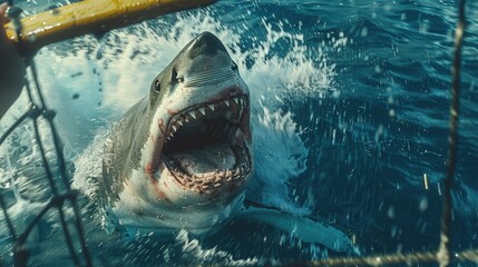  Shark cage diving in South Africa, great whites, deep blue sea, heart-pounding encounter.
