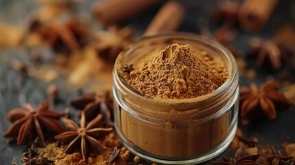  Star anise powder, finely ground, in a small glass jar.