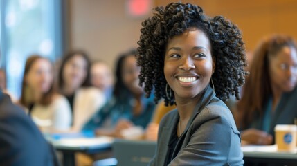 A cheerful young woman smiling in a classroom with other students in the background