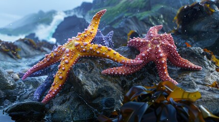  Starfish on tidal rock, ocean explorers, colorful arms.