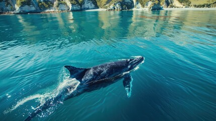 Obraz premium Sustainable whale-watching in New Zealand, responsible tourism, marine education, ocean giants.