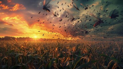  Swarm of locusts over a crop field, dramatic, sunset backdrop.