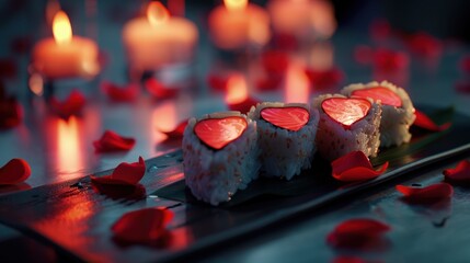  Valentine's heart-shaped sushi, romantic setting, rose petals, soft lighting.