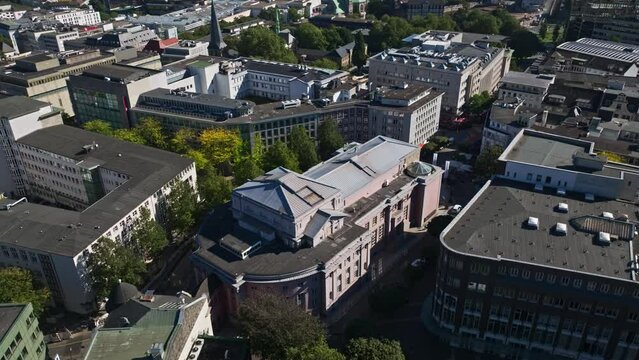 Aerial drone view of Grillo Theater in Essen, Germany. Grillo-Theater is a theatre located in Hirschlandplatz in Essen. 
