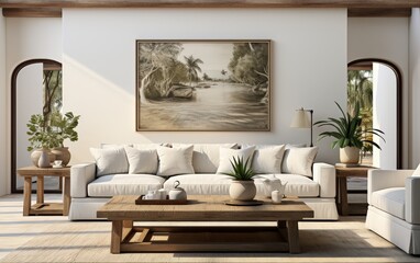 Serene Living Room with Boat Painting and Greenery