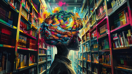 A library scene, with a person's head replaced by a brain, highlighting the vast knowledge available for absorption.