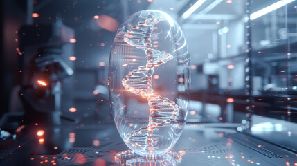 A DNA double helix in lab science biotechnology. Medical analysis DNA research equipment technology test microscope work health scientific computer