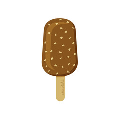 Chocolate ice cream in a flat vector with nut crumbs on a stick on a white background.