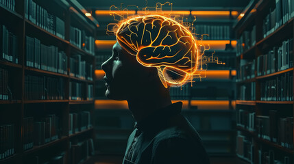 A library scene, with a person's head replaced by a brain, highlighting the vast knowledge available for absorption.