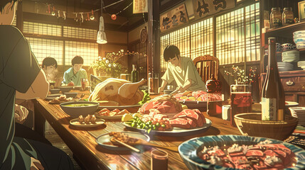 anime illustration, chicken lunch, illustration, food