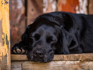 A black dog sleeping on a wooden bench.