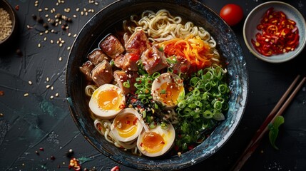 top view food photography of Japanese ramen in a bowl
