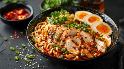 top view food photography of Japanese ramen in a bowl