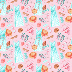Summer clothes watercolor seamless pattern. Women's wardrobe. Dress, swimsuit, straw hat, flip-flops, bag. Travel, tourism, sea. Pink background. For printing on textiles, fabrics, wrapping paper
