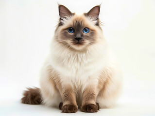 A cat with blue eyes sitting on a white background.