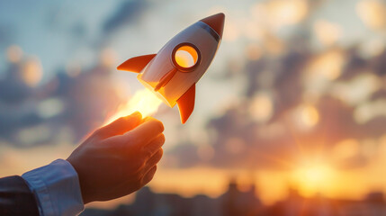Businessman control rocket is launching and soar flying out from hand to sky for growth business
 - Powered by Adobe